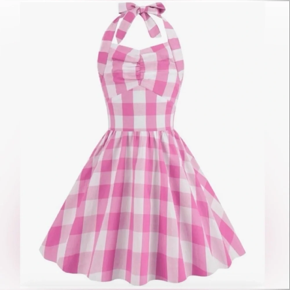 Gingham Girls Dress 50s Halter Gingham Dress SZ 4-5T Pink White ACCESSORY BONUS